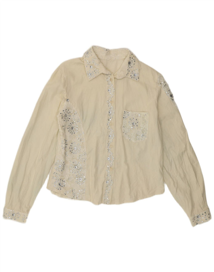 Camicetta camicia vintage da donna UK 12 medio bianco sporco floreale
