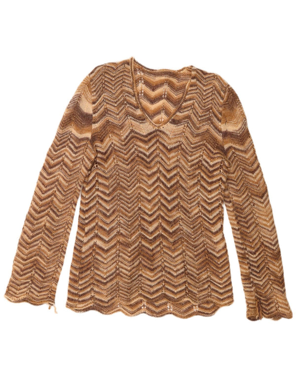 Maglione vintage da donna con scollo a V UK 16 grande controllo marrone