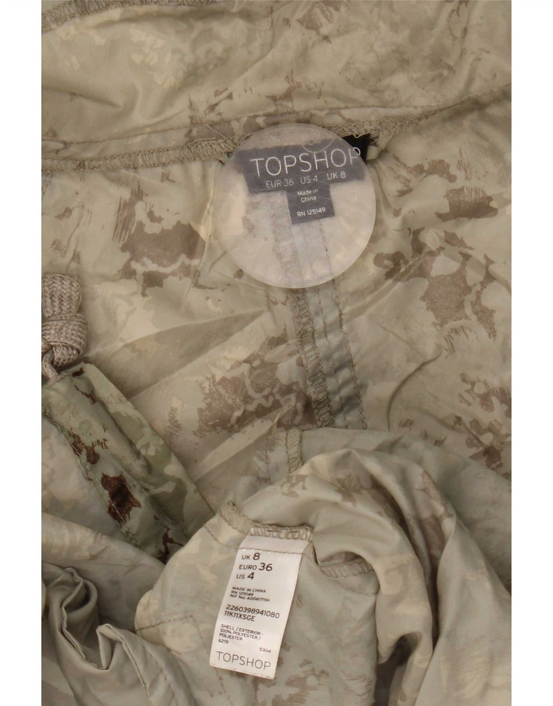 Topshop Giacca Parka da donna con cappuccio UK 8 Small Poliestere mimetico verde