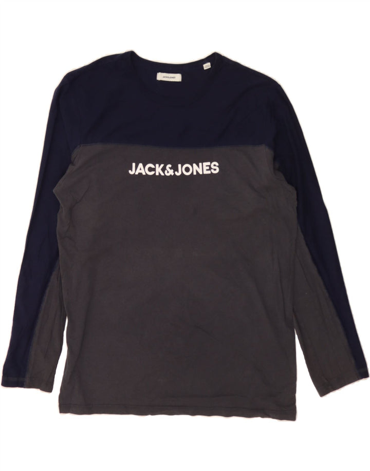 JACK & JONES Mens Graphic Top Long Sleeve Large Navy Blue Colourblock Vintage Jack & Jones and Second-Hand Jack & Jones from Messina Hembry 