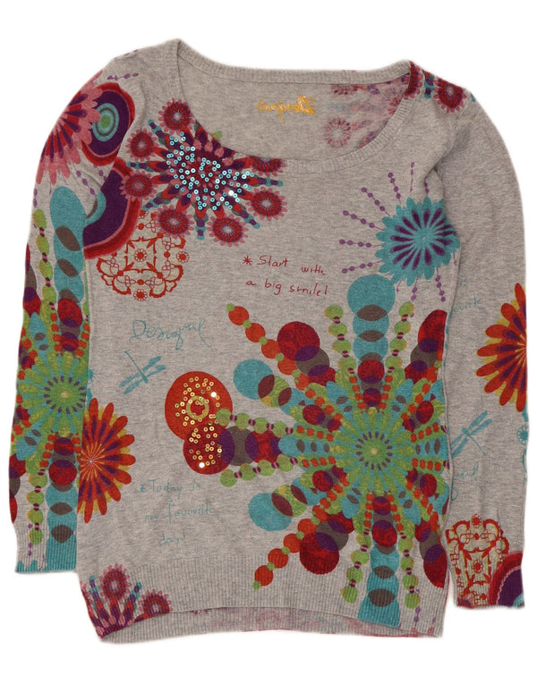 Desigual maglione da donna con scollo a barca con grafica UK 10 piccolo grigio floreale