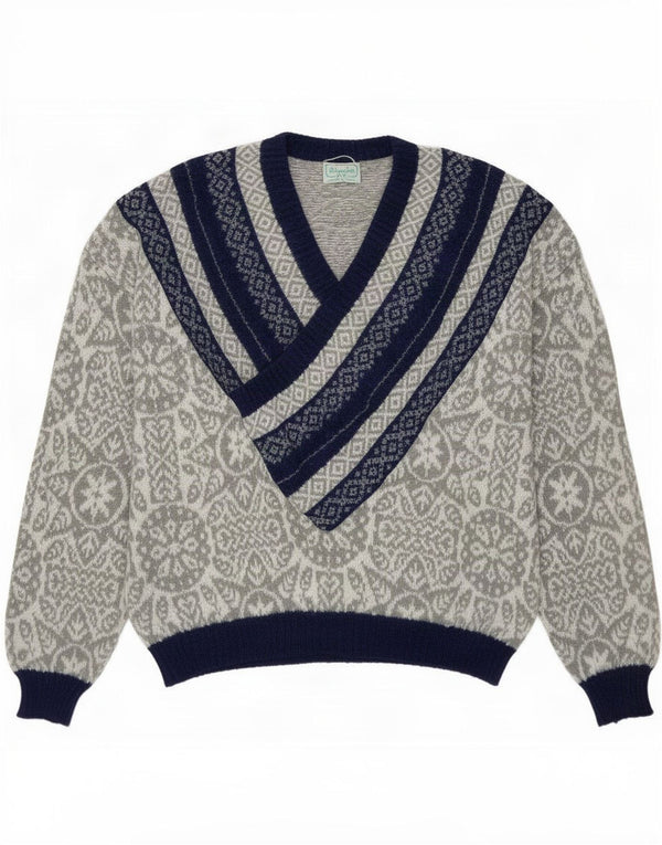 Maglione da donna con scollo a V Benetton UK 18 XL Grigio geometrico
