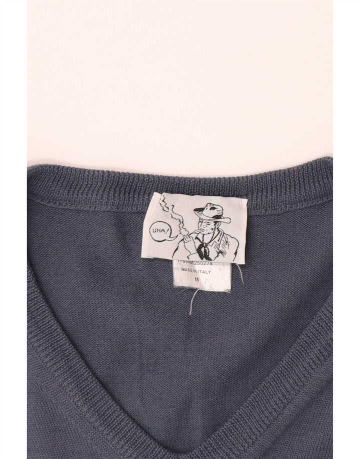 Maglione vintage da uomo con scollo a V in lana merino blu medio
