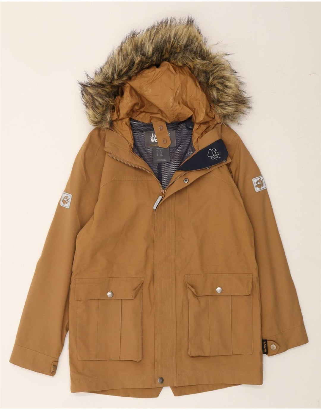 JACK WOLFSKIN Boys Hooded Parka Jacket 9-10 Years Beige Polyester Vintage Jack Wolfskin and Second-Hand Jack Wolfskin from Messina Hembry 
