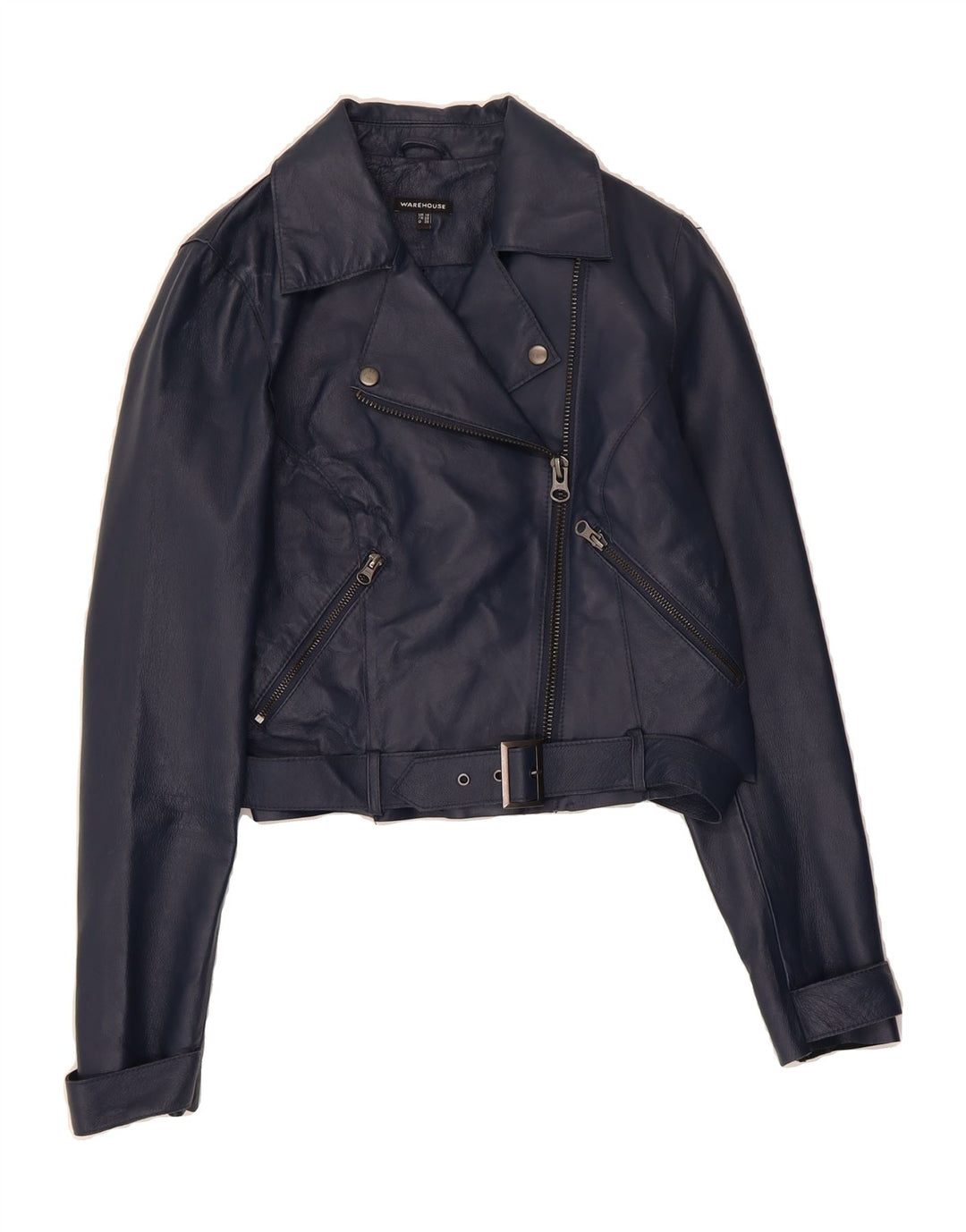 WAREHOUSE Womens Crop Leather Jacket UK 10 Small  Navy Blue Leather Vintage Warehouse and Second-Hand Warehouse from Messina Hembry 