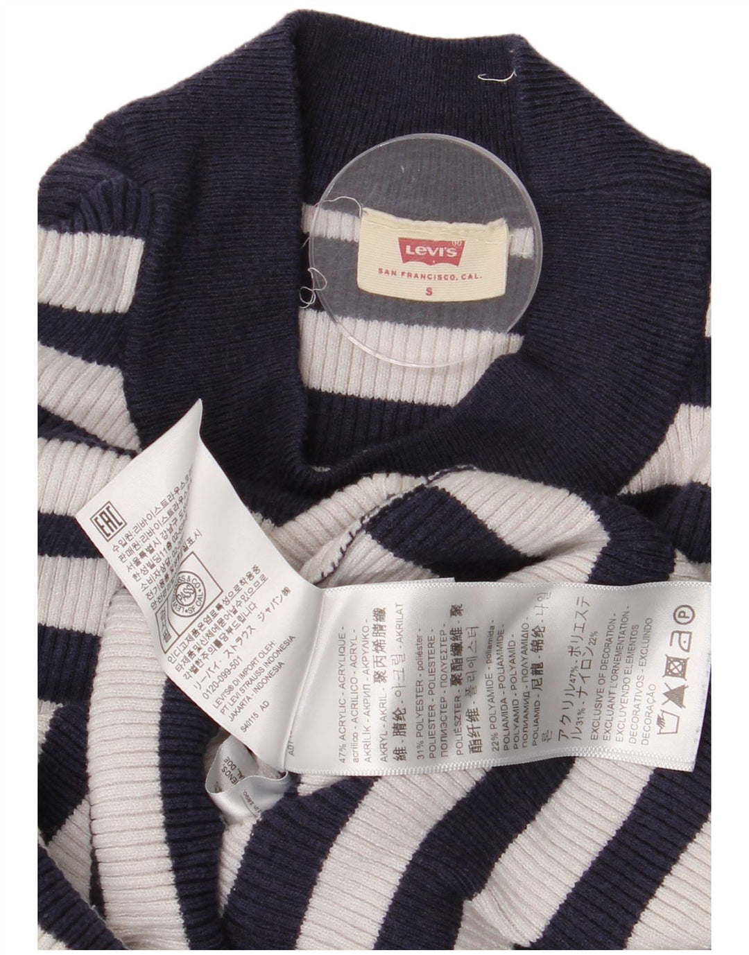 Maglione maglione girocollo corto da donna Levi's UK 8 piccolo a righe blu navy