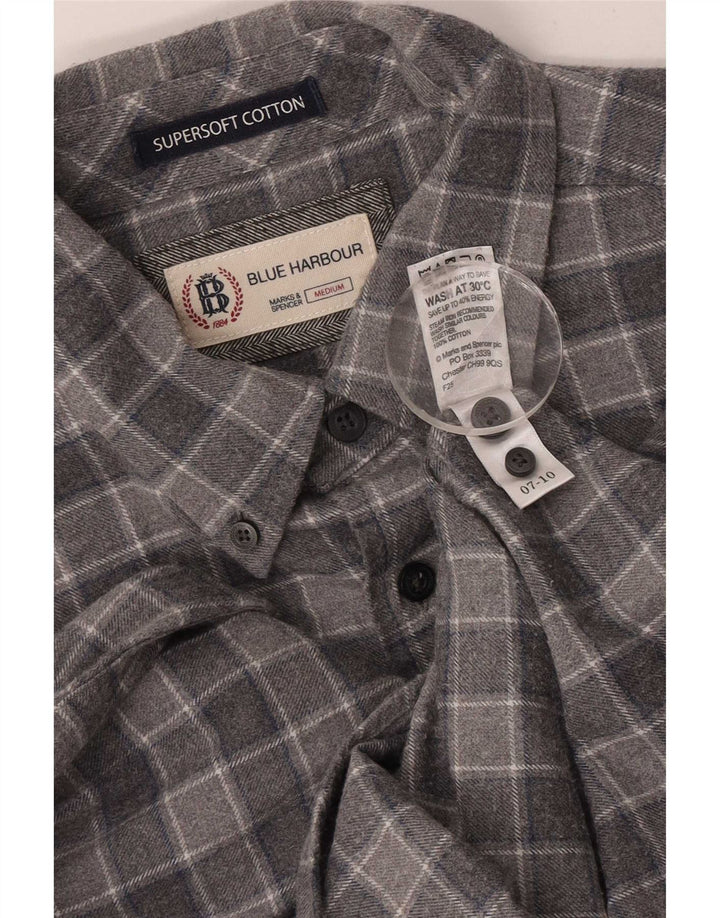 Camicia da uomo in flanella Marks & Spencer blu Harbour, cotone a quadri grigio medio