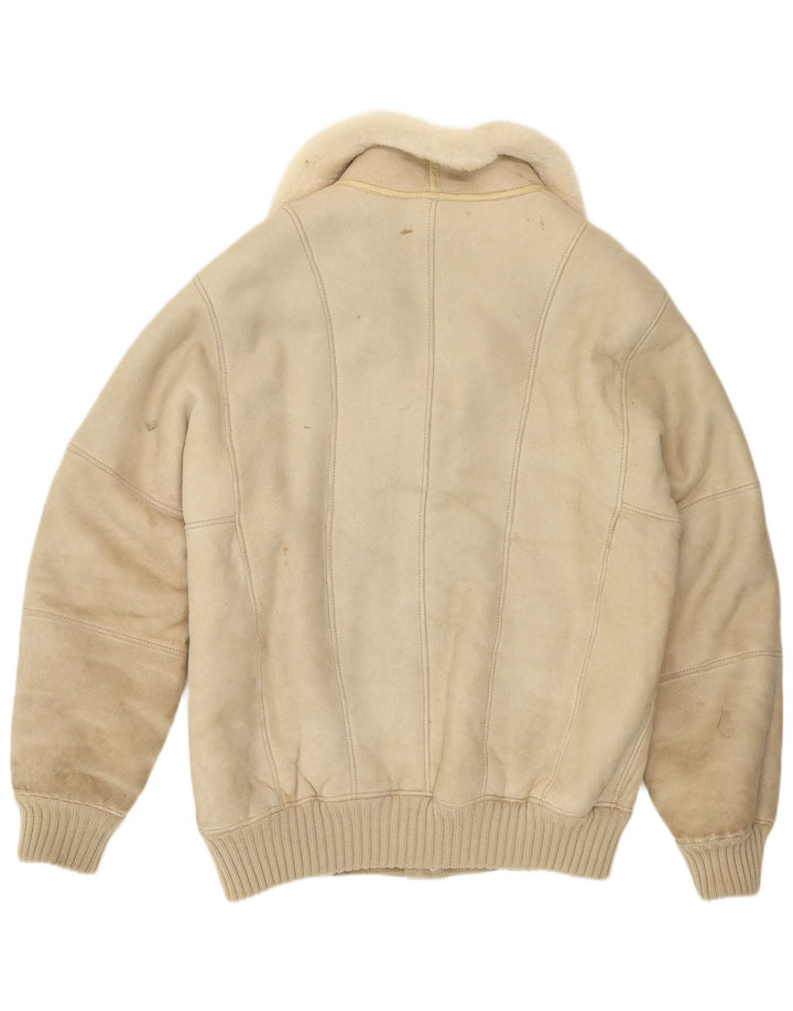 Giacca in shearling vintage da uomo UK 36 piccola in pelle bianco sporco