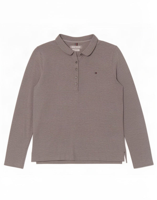 Tommy Hilfiger Womens Long Sleeve Slim Fit Polo Shirt UK 12 Medium Grey