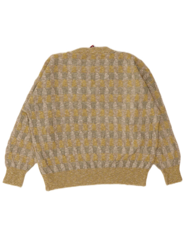 Maglione maglione vintage da donna con scollo a V UK 18 XL Lino geometrico giallo