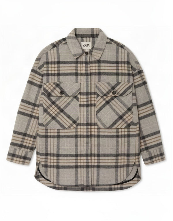 Zara Womens Overshirt Flannel Shirt UK 6 XS Grey Check Polyester