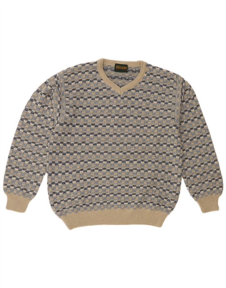 Maglione vintage da uomo con scollo a V IT 48 Cotone geometrico beige medio