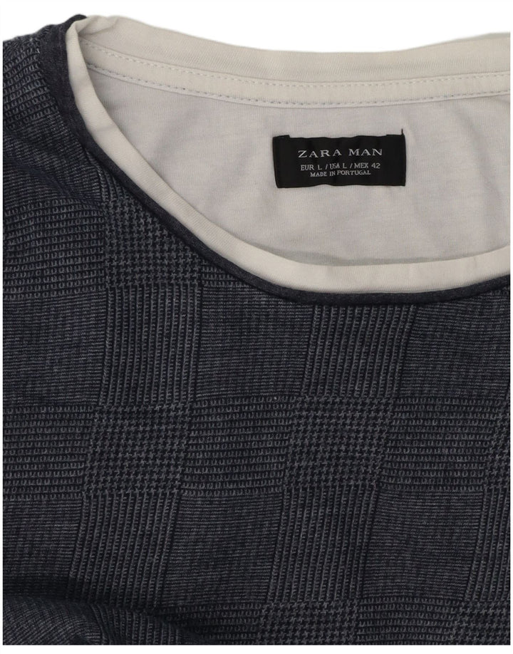 Zara Top da uomo a maniche lunghe grande blu navy pied de poule