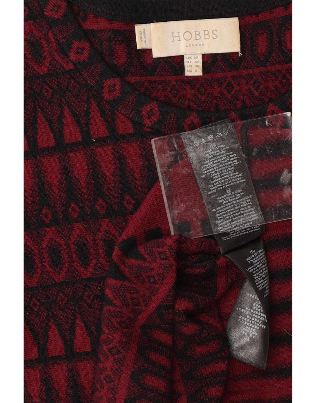 HOBBS Abito maglione da donna con maniche a 3/4 UK 10 Piccolo viscosa geometrica rossa