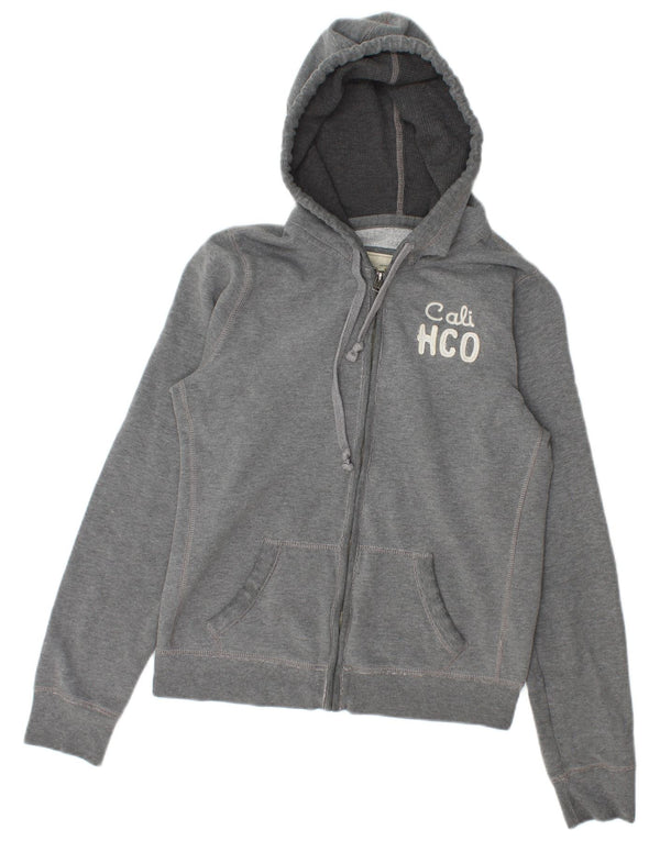 Felpa con cappuccio e zip grafica Hollister da donna UK 14 Large in cotone grigio