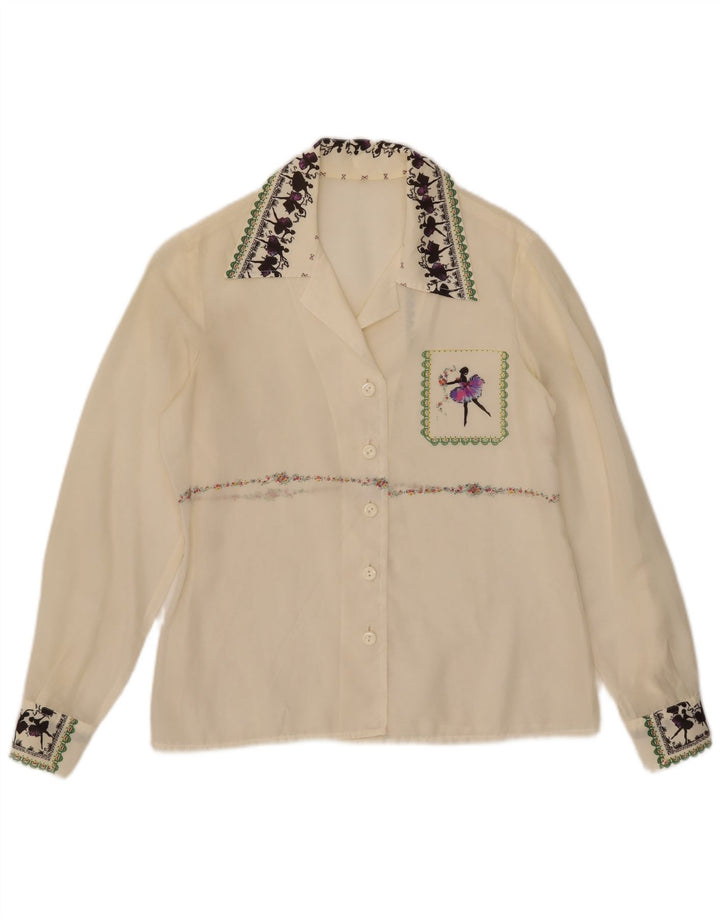 Camicetta da donna vintage trasparente con camicia IT 44 medio bianco sporco floreale