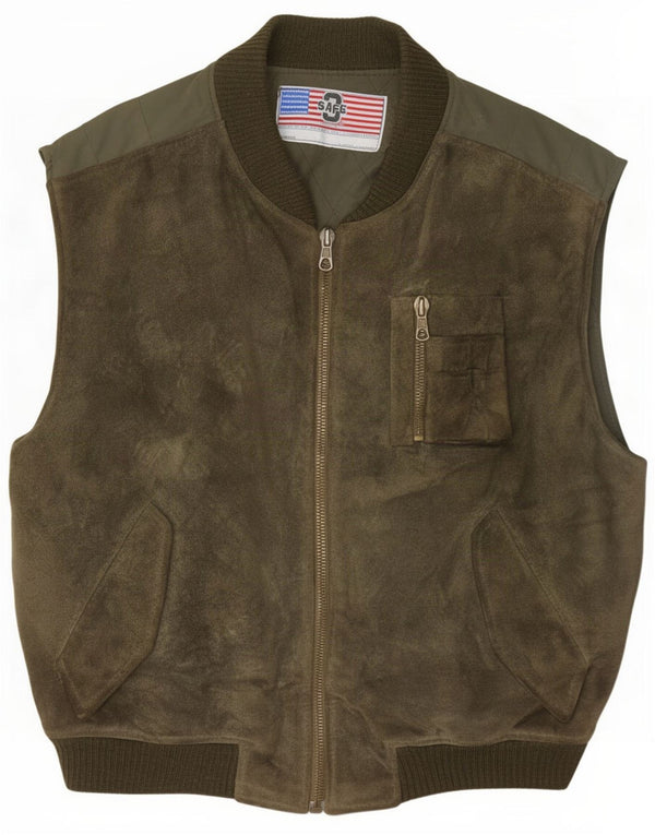 Gilet vintage da uomo in pelle scamosciata dell'esercito americano IT 50 grande in pelle color kaki