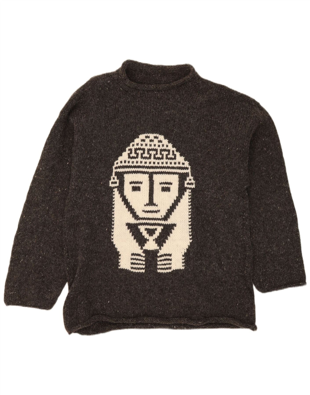 Maglione vintage da uomo con collo alto e grafica azteco chiazzato grigio medio