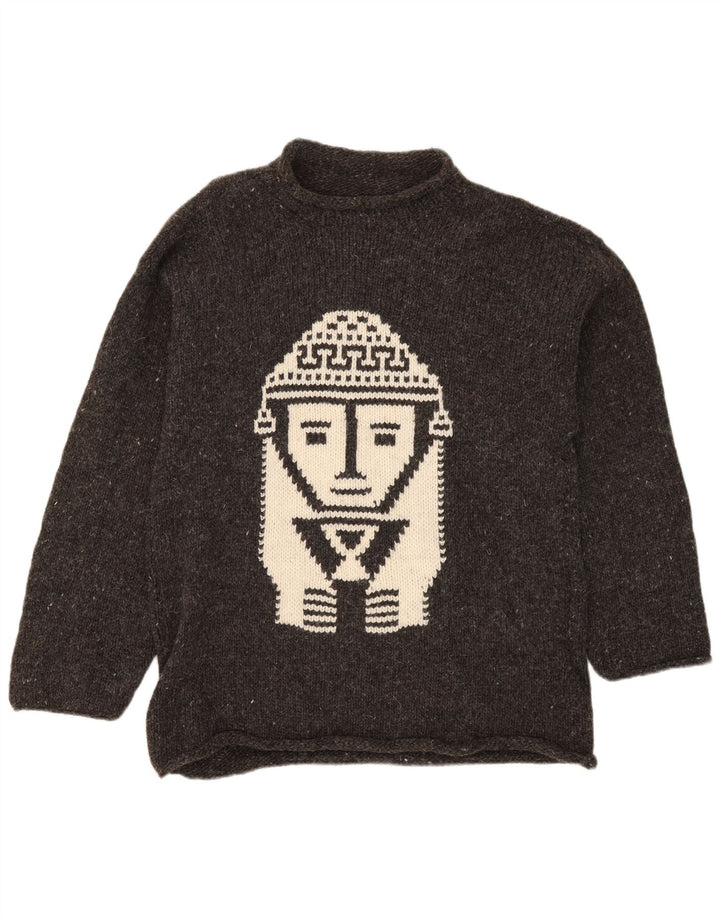 Maglione vintage da uomo con collo alto e grafica azteco chiazzato grigio medio