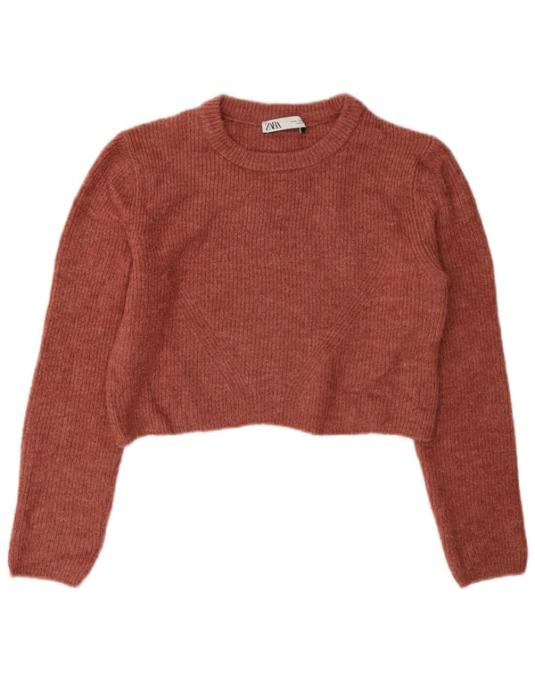 Maglione corto girocollo da donna Zara UK 12 Acrilico marrone medio