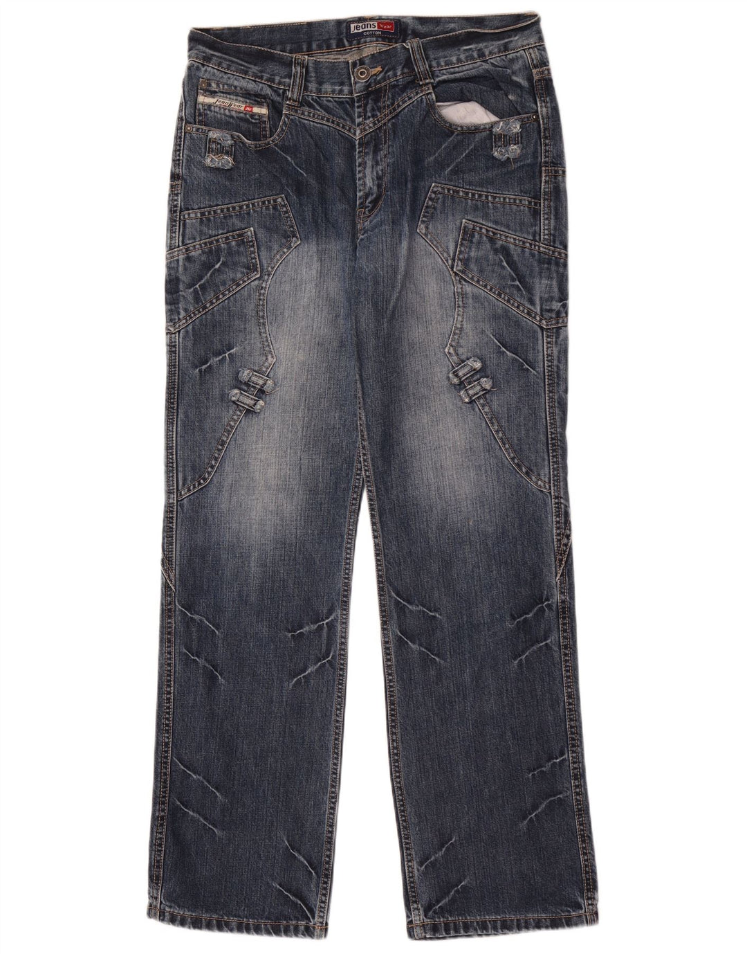 Jeans dritti da uomo vintage W32 L32 in cotone patchwork blu