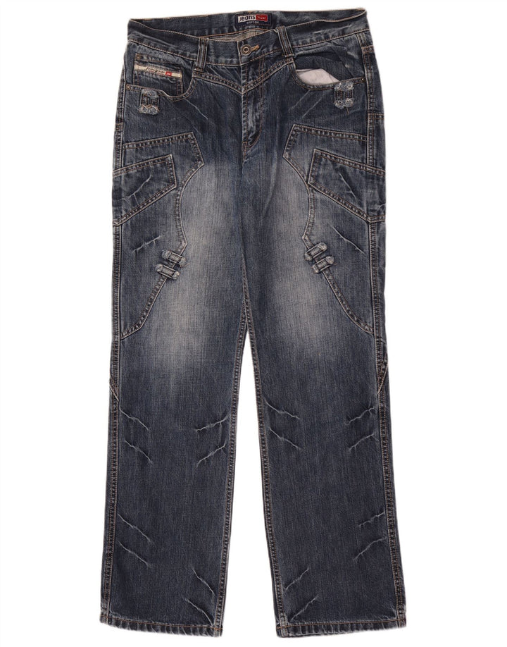 Jeans dritti da uomo vintage W32 L32 in cotone patchwork blu