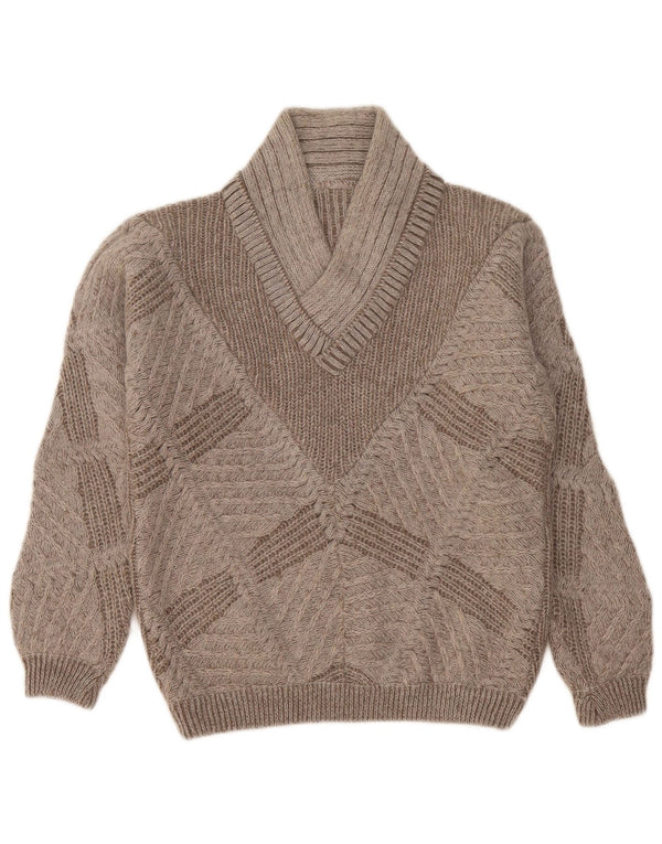 Maglione maglione vintage da donna con scollo a V UK 14 Grigio medio geometrico