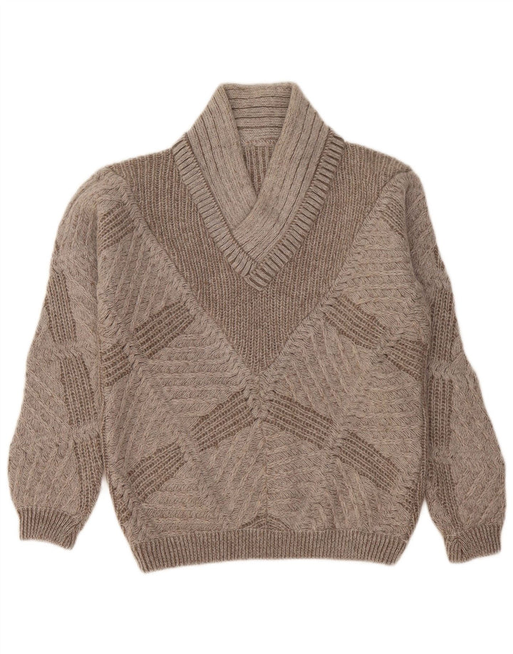 Maglione maglione vintage da donna con scollo a V UK 14 Grigio medio geometrico