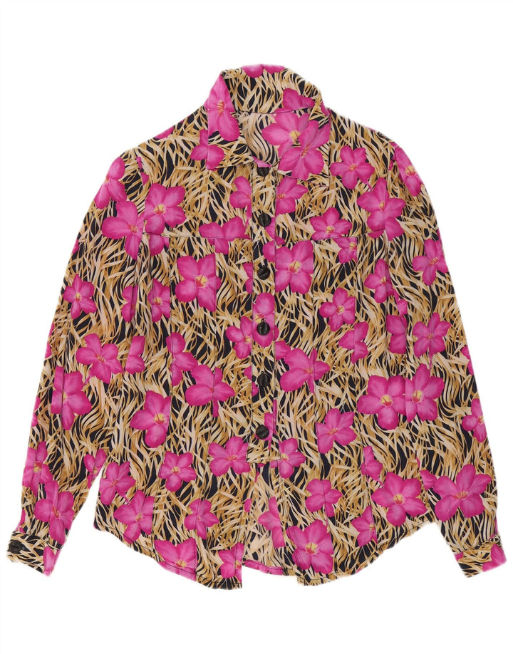 Camicetta camicia vintage da donna UK 14 rosa medio floreale
