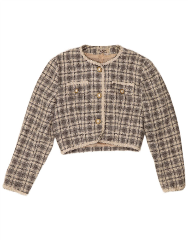 Giacca bolero vintage da donna a 3 bottoni EU 36 piccolo acrilico a quadri grigi