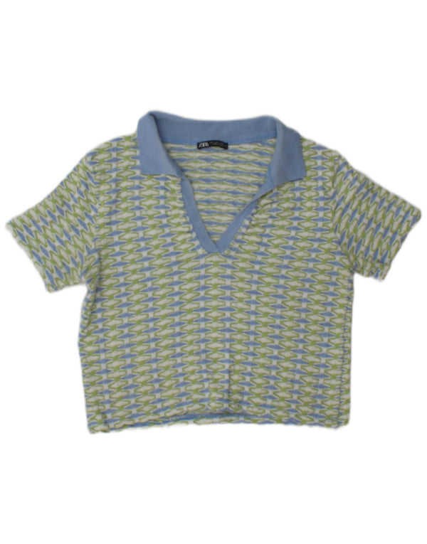 Zara Womens Crop Polo Neck Jumper Sweater UK 10 Small Green Geometric