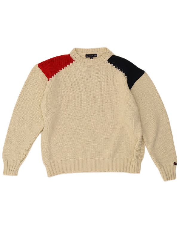 Maglione maglione girocollo da uomo Tommy Hilfiger XL in lana color block bianco sporco