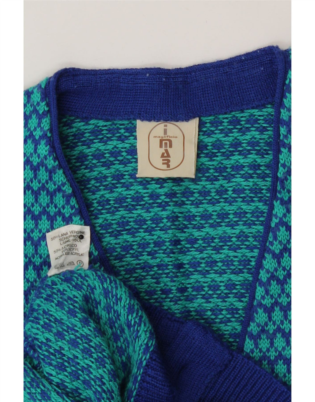 Maglione cardigan da donna vintage UK 14 lana pied de poule blu medio
