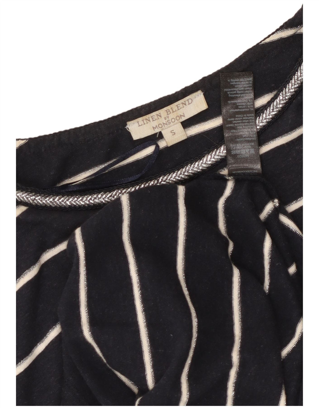 MONSOON Abito T-shirt da donna UK 10 Piccolo lino a righe blu navy