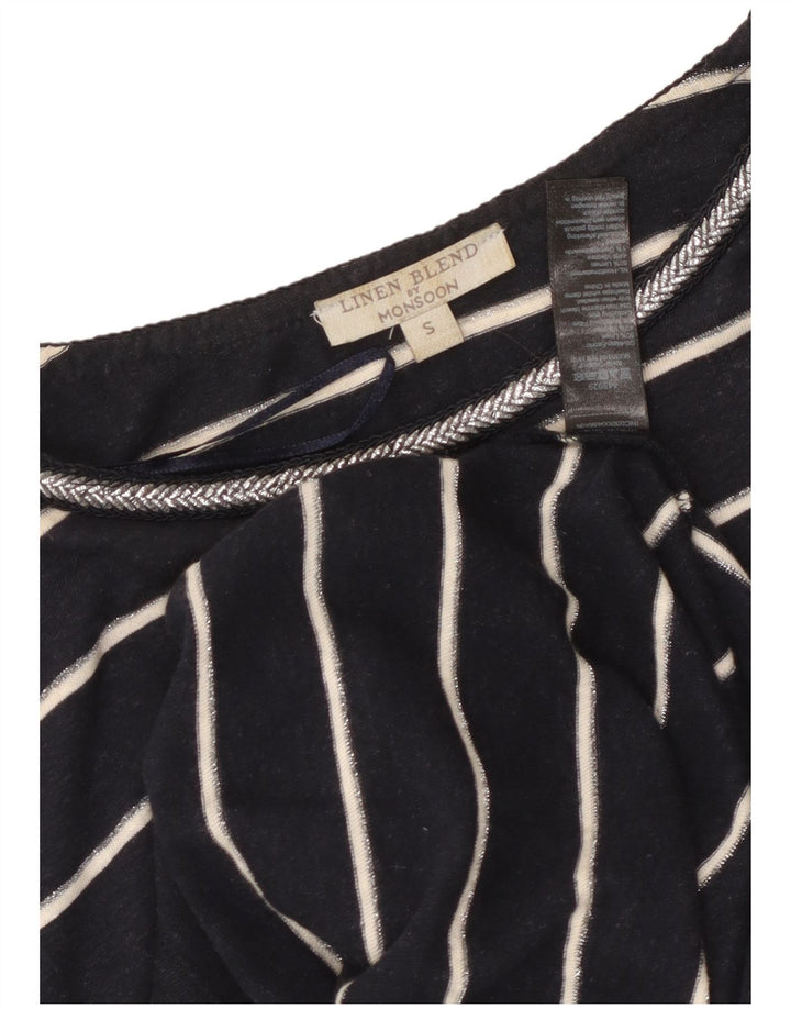 MONSOON Abito T-shirt da donna UK 10 Piccolo lino a righe blu navy