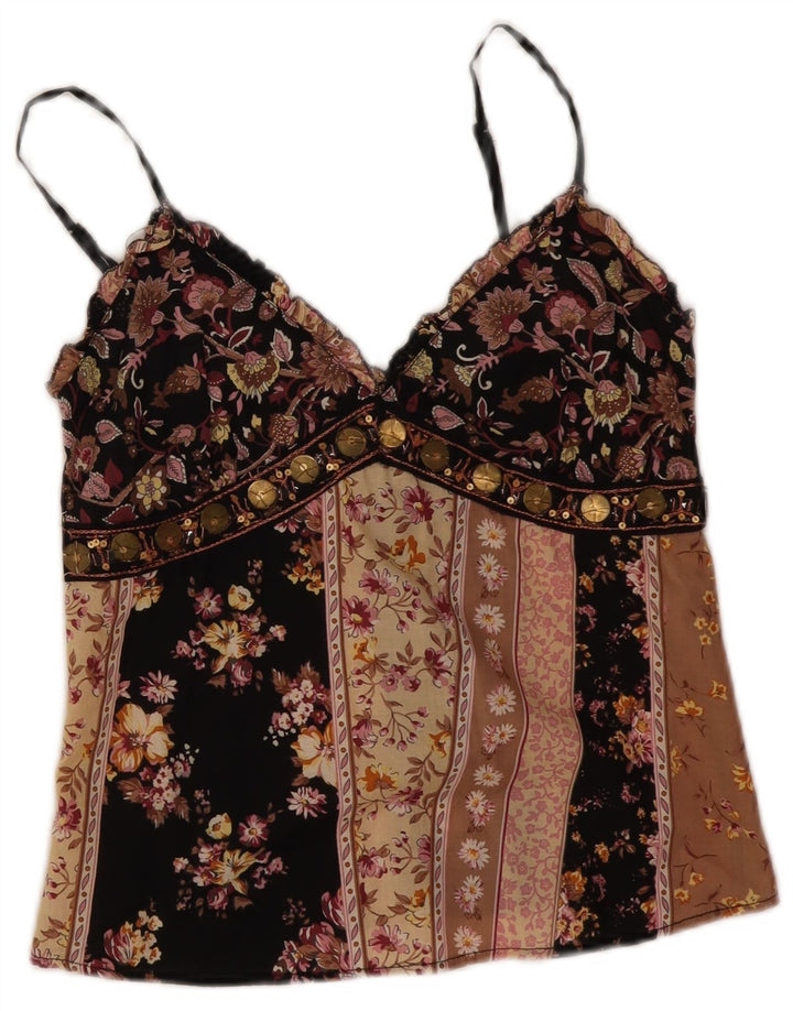 Canotta corta da donna vintage UK 8 piccola floreale nera