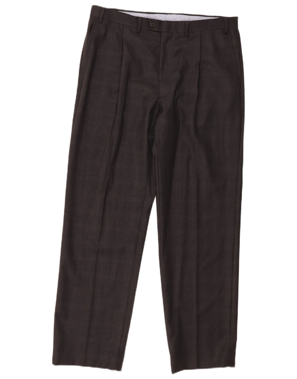 Pantaloni da abito dritti da uomo Marks & Spencer W36 L31 lana vergine a quadri grigi