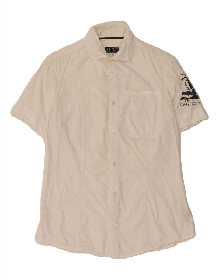 ARMANI JEANS Mens Graphic Short Sleeve Shirt Medium White Cotton Vintage Armani Jeans and Second-Hand Armani Jeans from Messina Hembry 