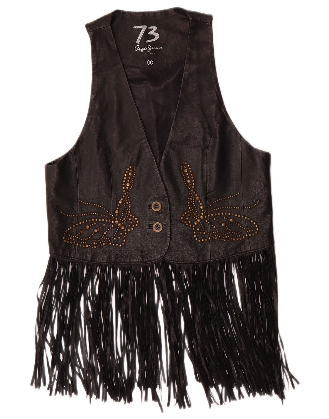 PEPE JEANS Gilet in pelle da donna UK 10 Piccolo cowboy in pelle nera