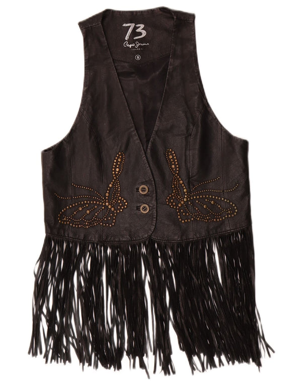 PEPE JEANS Gilet in pelle da donna UK 10 Piccolo cowboy in pelle nera