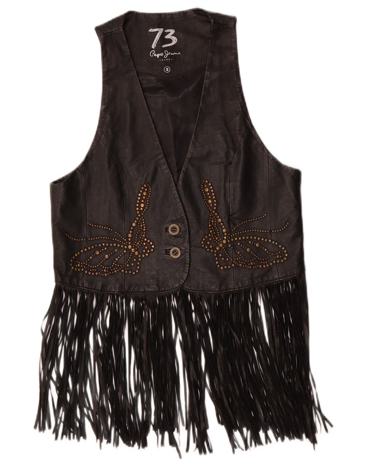 PEPE JEANS Gilet in pelle da donna UK 10 Piccolo cowboy in pelle nera
