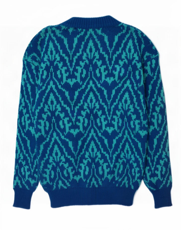Maglione maglione girocollo da uomo vintage blu medio con motivi cachemire