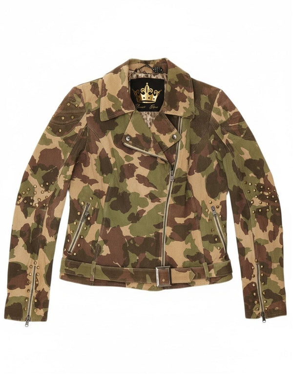 Giacca da motociclista in pelle scamosciata vintage da donna UK 16 grande pelle mimetica verde