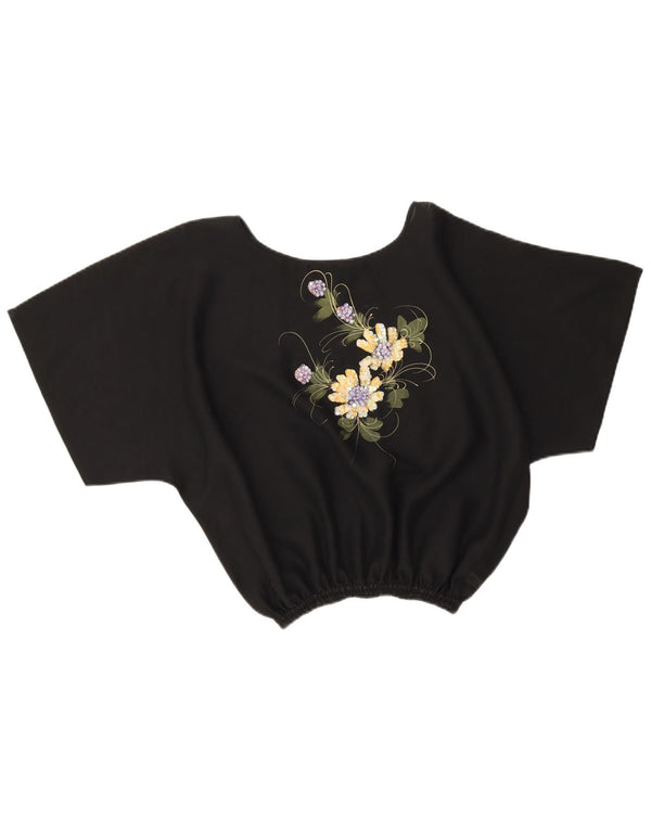 Top corto da donna vintage in camicetta UK 16 grande poliestere floreale nero