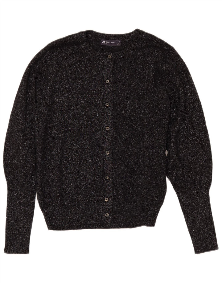 MARKS & SPENCER Maglione cardigan corto da donna UK 14 medio nero screziato