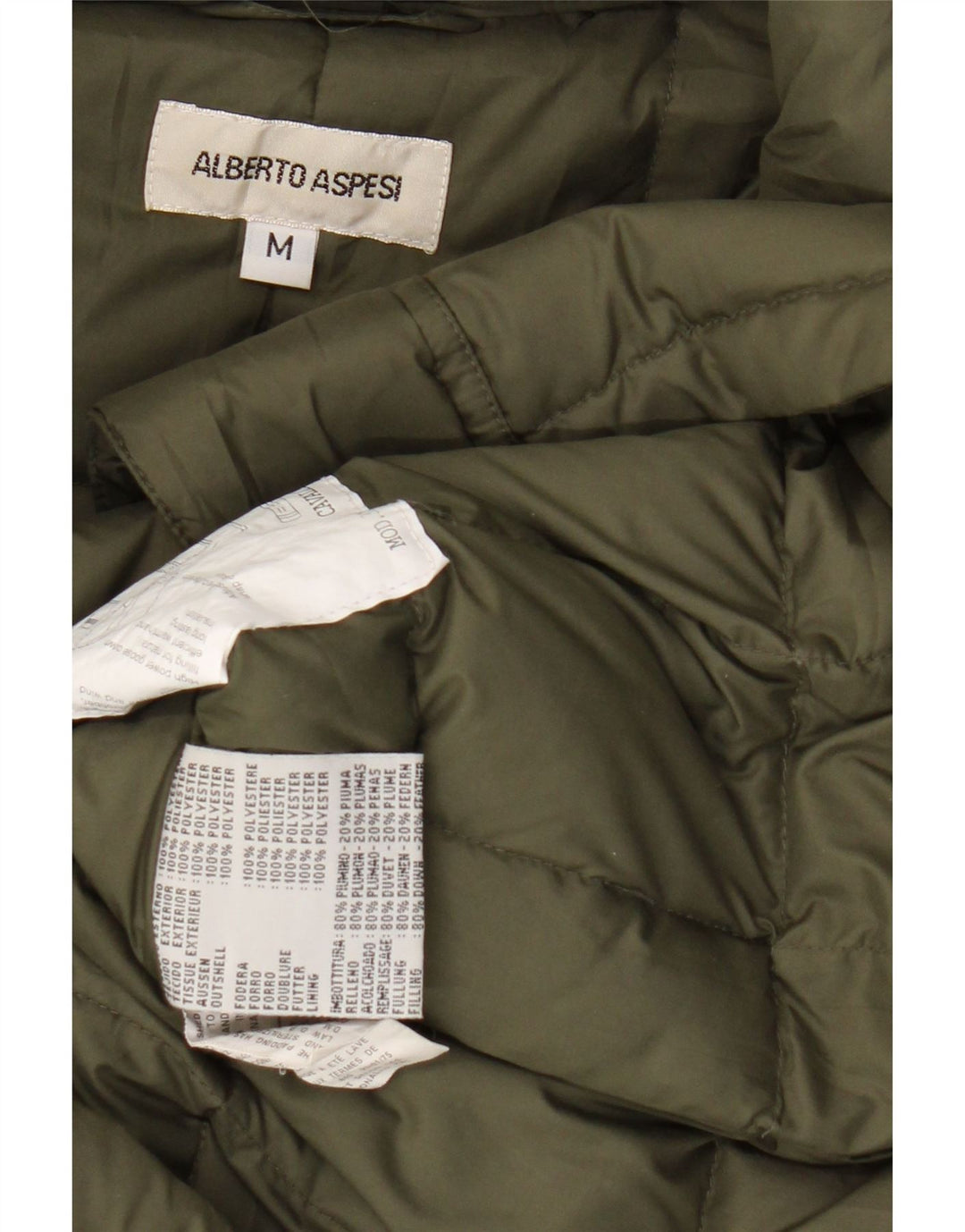 ALBERTO ASPESI Cappotto imbottito con cappuccio da donna UK 14 Poliestere kaki medio