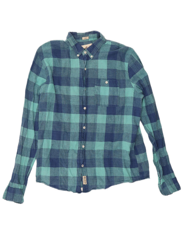 Camicia Hollister da uomo XL in lino blu a quadri