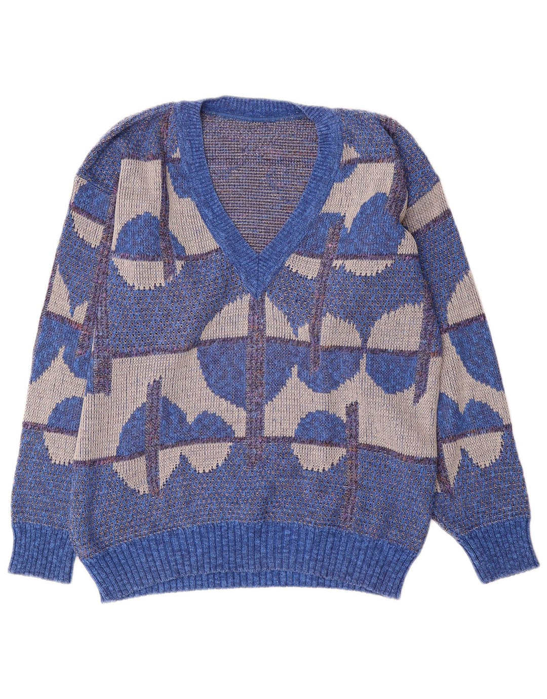 Maglione vintage da uomo con scollo a V IT 50 Cotone geometrico blu medio