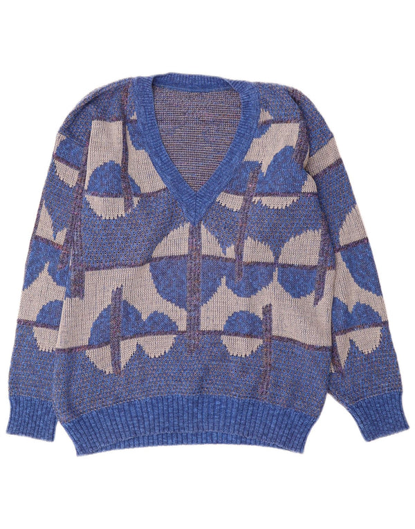 Maglione vintage da uomo con scollo a V IT 50 Cotone geometrico blu medio