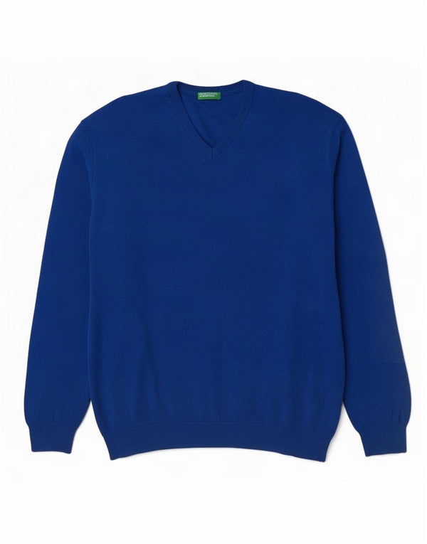 Maglione da uomo con scollo a V Benetton 2XL lana merino blu